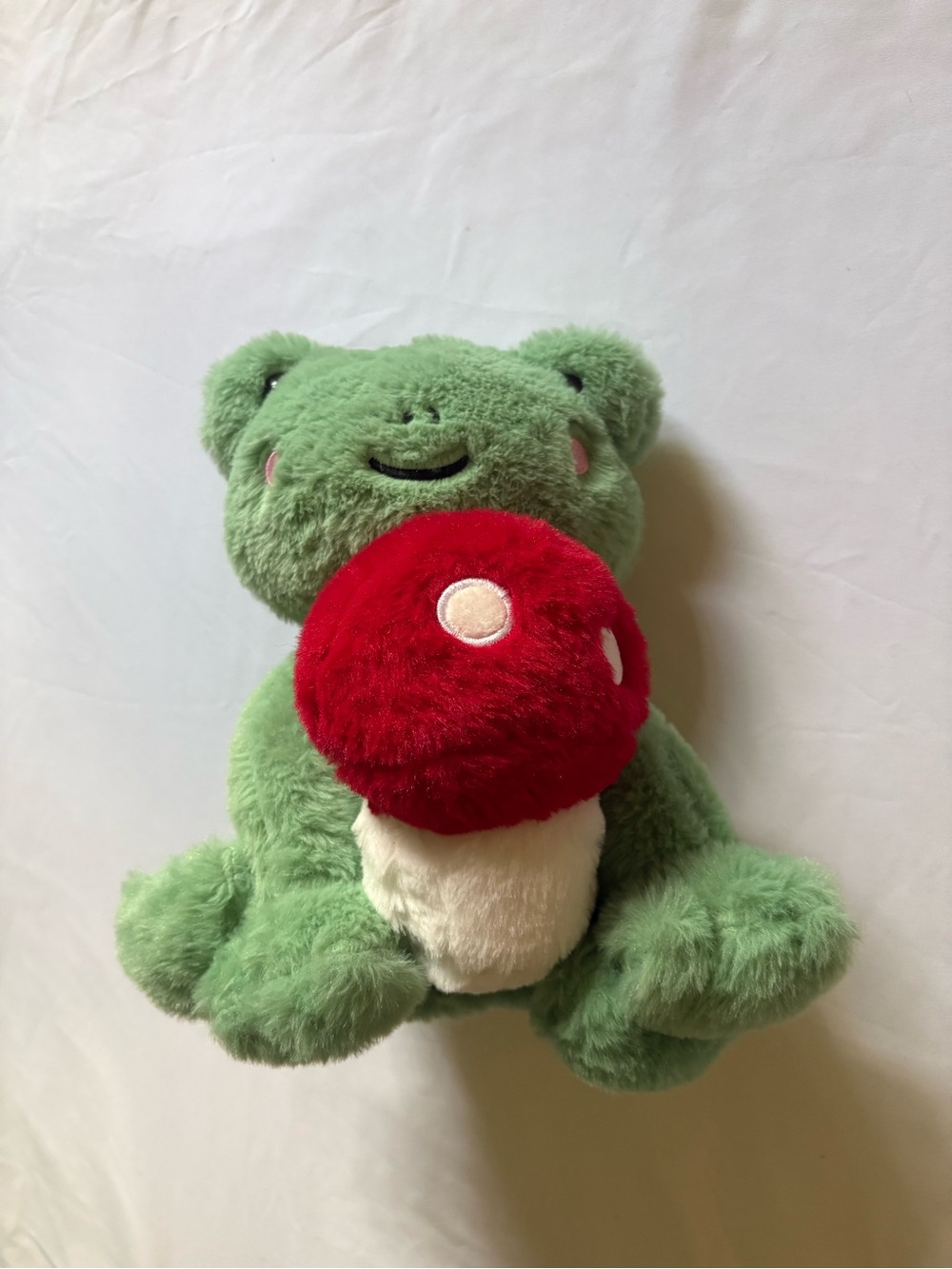Green Plush Frog Holding Red Mushroom Stuffed Toy - Kids Toys